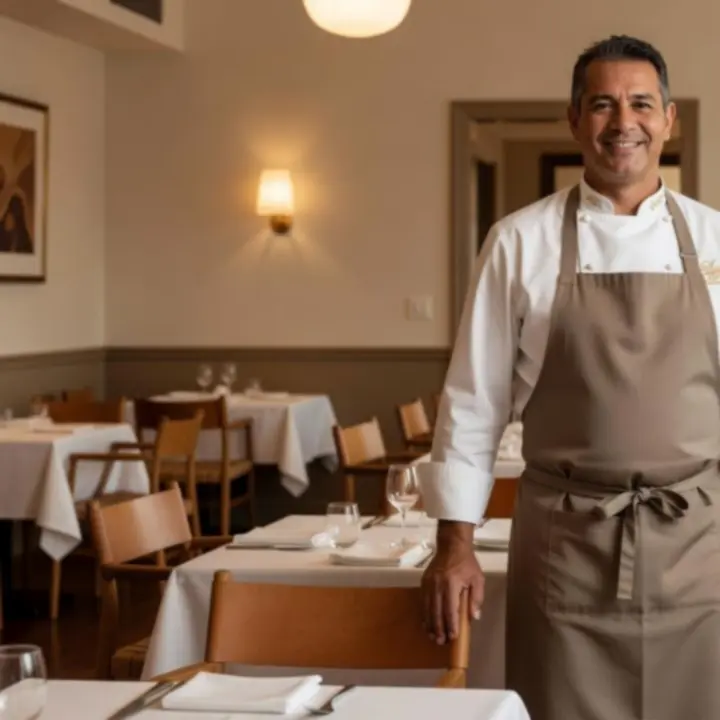 Head Chef at The River House standing in a softly lit dining room.