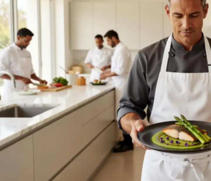 Executive chef presenting a refined seasonal dish at The River House