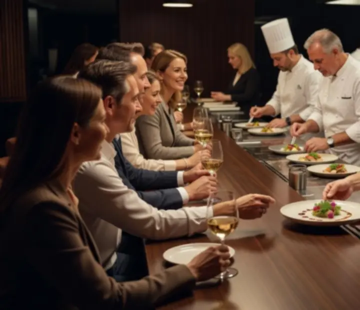 Chef's table overlooking the open kitchen with plated dishes.