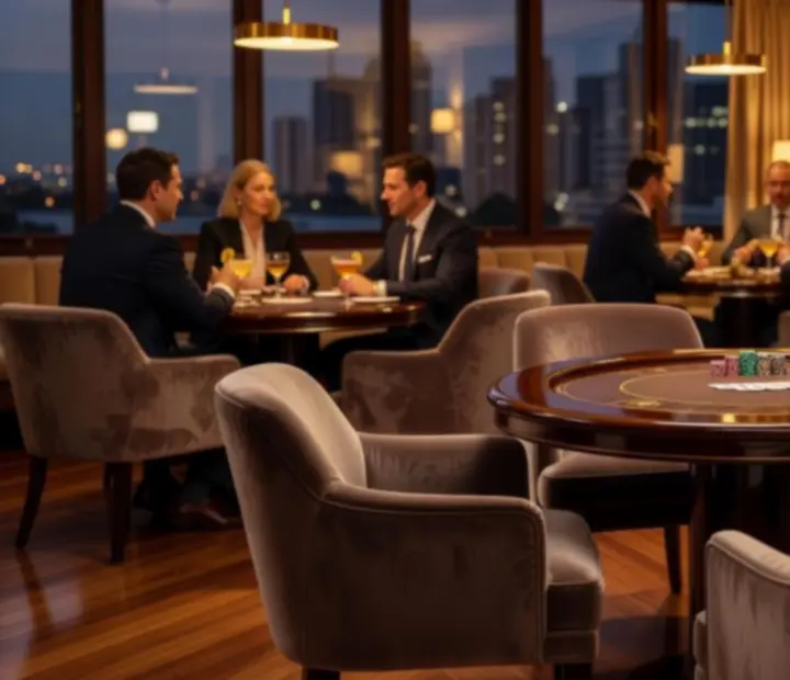 Elegant poker lounge at The River House with plush seating and softly lit tables.