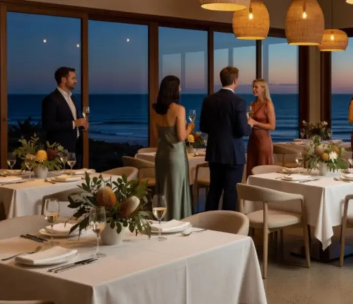 An elegant evening event setting at The River House with candlelit tables and guests enjoying fine dining.