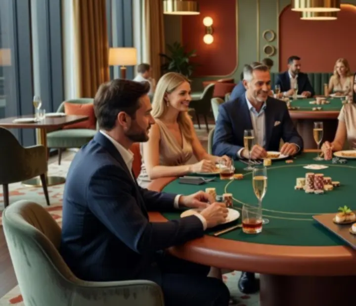 Guests enjoying gourmet canapés and small plates beside a poker table.