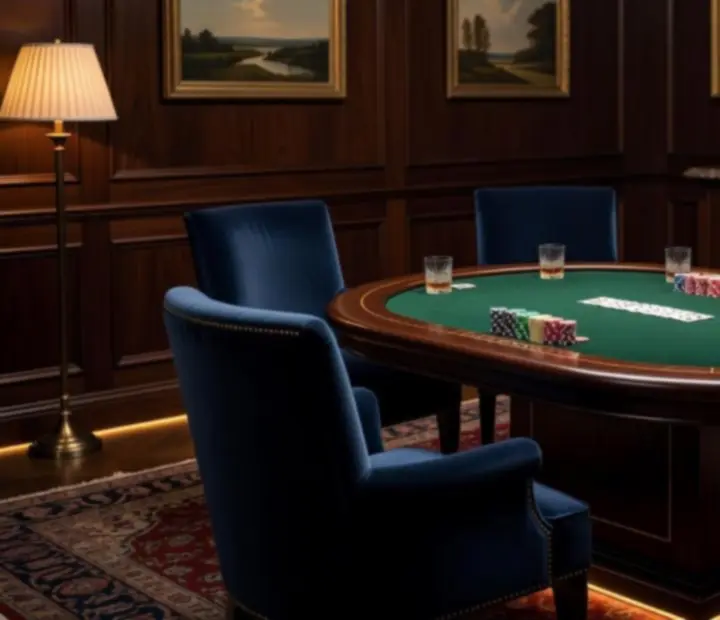 Intimate poker lounge with candlelit tables and guests enjoying an evening at The River House.