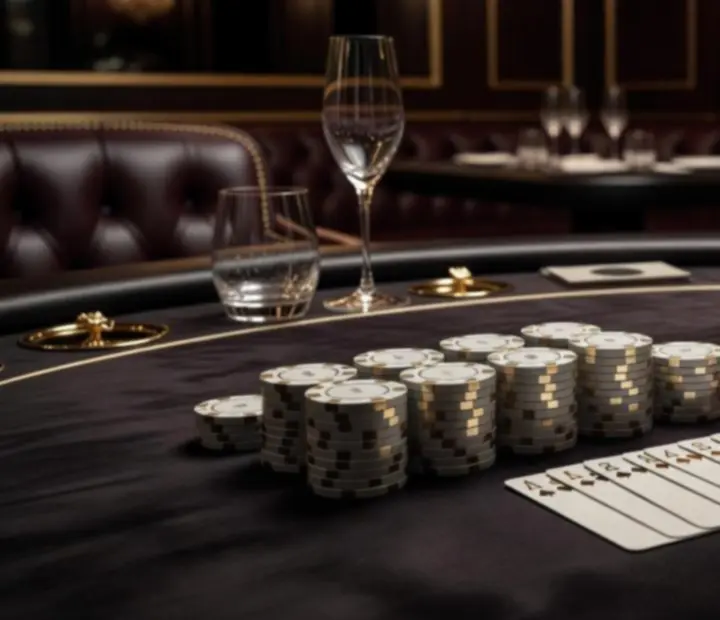 Serene poker lounge interior with plush seating and softly lit poker tables.