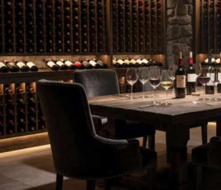 Private cellar tasting table set with wine glasses and candles at The River House
