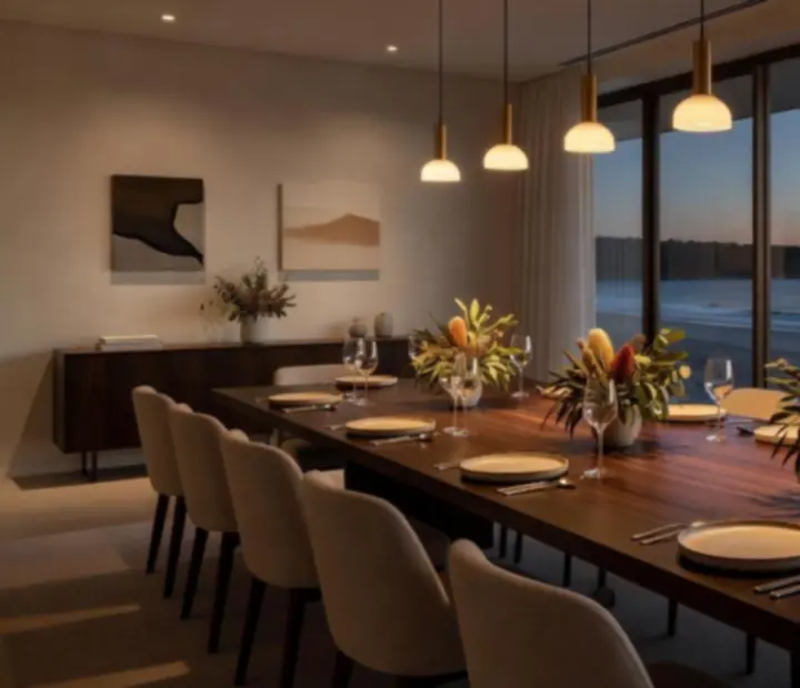 Elegant private dining room softly lit for an intimate gathering.