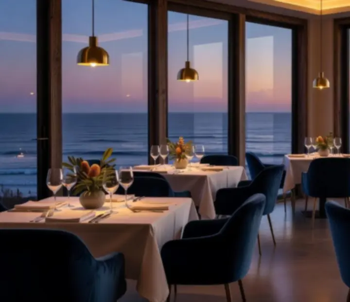 Elegant coastal-inspired dining room at The River House with soft evening light.