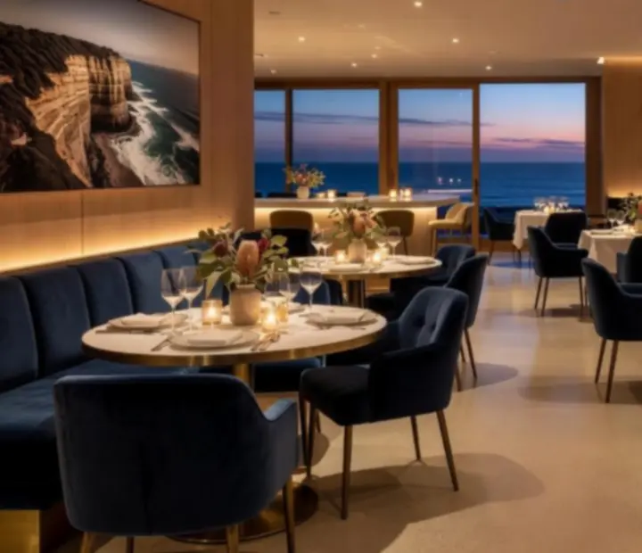 Warmly lit interior of The River House during an evening service