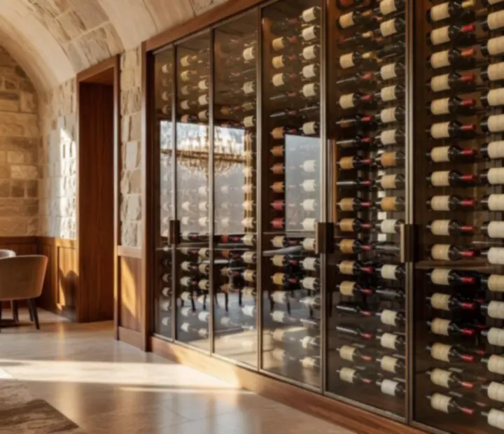 Curated wine bottles displayed in a softly lit cellar at The River House