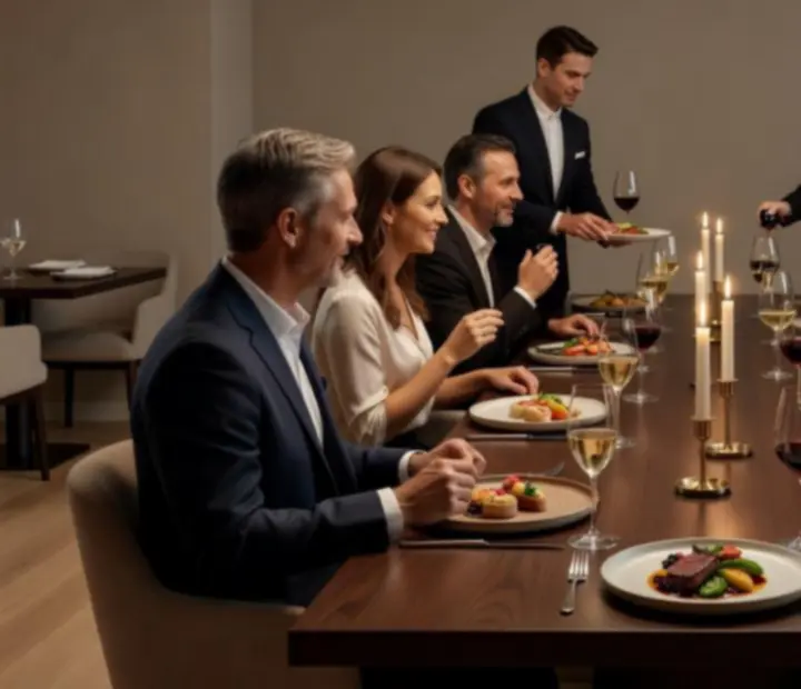 A sommelier pouring wine at a candlelit table set for an intimate tasting dinner.